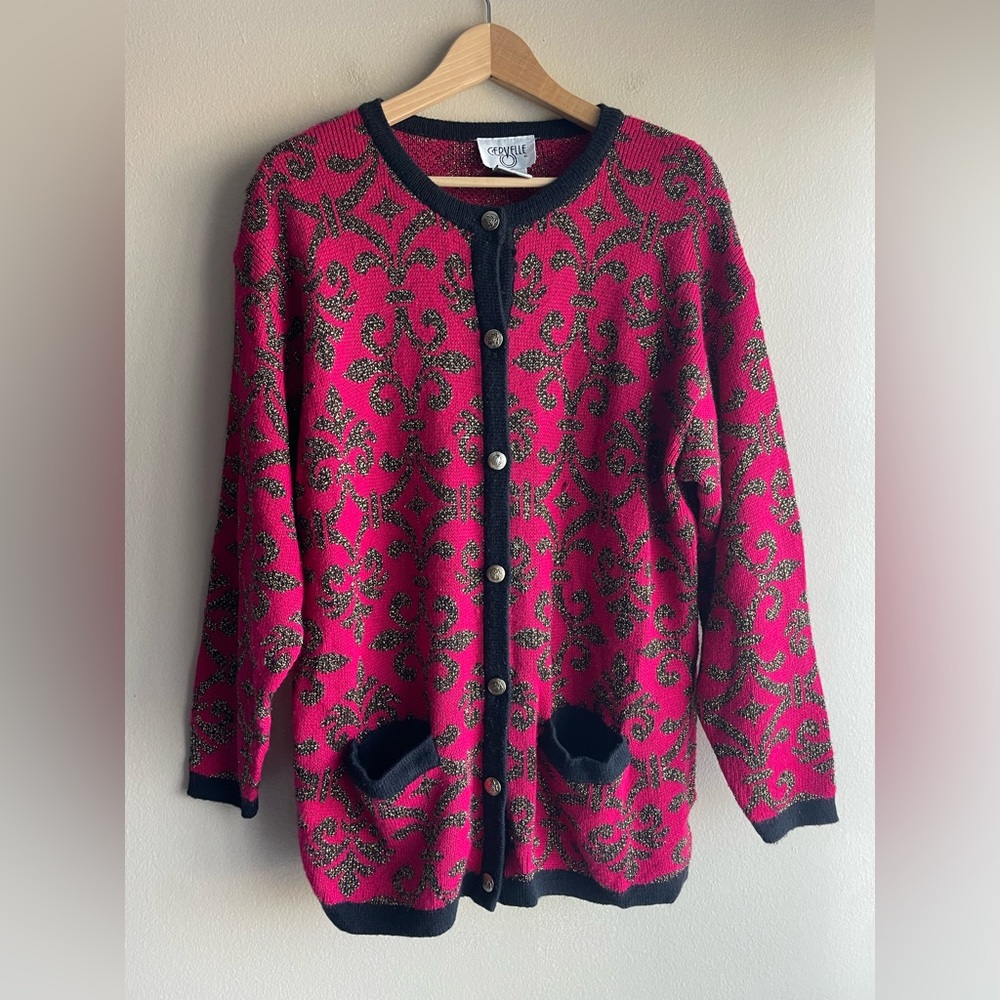 Cervelle Women Wool Pink Metallic Gold Cardigan Button Up Sweater Size Large